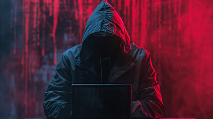 Hacker spy man one person black hoodie sitting looking at computer laptop used login password attack security data digital internet network system