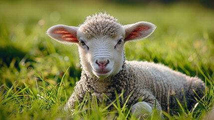 Obraz premium Happy lamb, small sheep face looking frank and cute sitting on green grass.