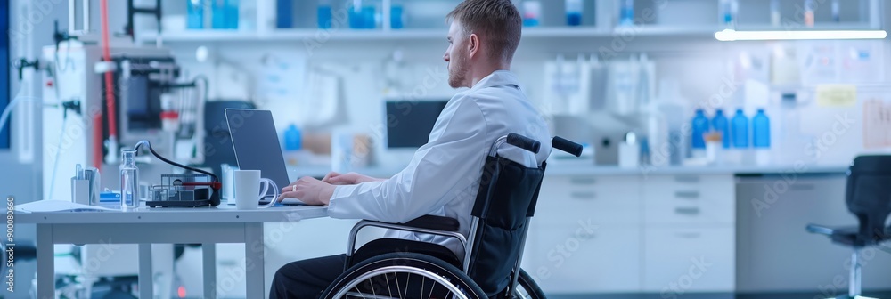 Poster scientist in a wheelchair working on a laptop in a laboratory. highlighting accessibility and inclus