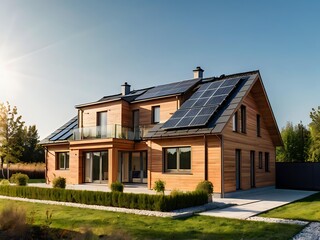 Obraz premium Close-up of a new suburban house with a photovoltaic system on the roof. Simple and modern environmentally friendly house with solar panels on the gable roof, with sunlight during the day