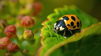 Fototapeta premium Close-Up of an Orange and Black Ladybug on Hydrangea Leaves, Macro Photography with Shallow Depth of Field and Green Background, High Resolution