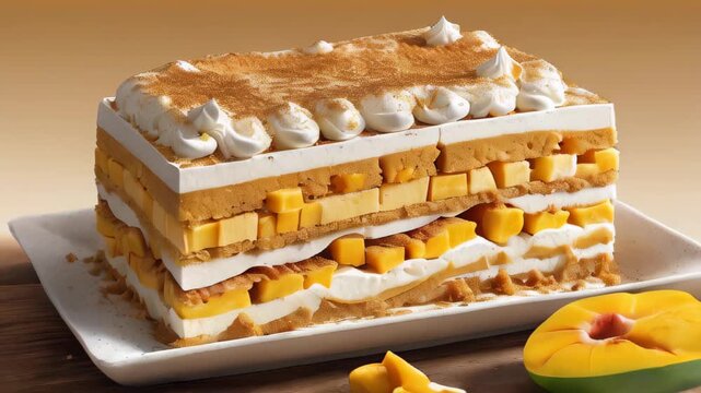 mango layer cake on a white plate, layers of fresh mango cubes, whipped cream, and sponge cake. Summer delicious dessert