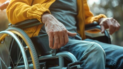 Obraz premium Person in a wheelchair wearing a yellow jacket outside. Outdoor mobility and accessibility.