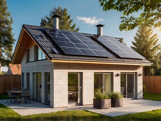 Obraz premium Close-up of a new suburban house with a photovoltaic system on the roof. Simple and modern environmentally friendly house with solar panels on the gable roof, with sunlight during the day