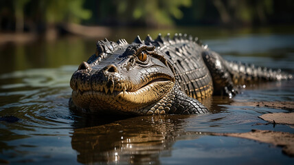 Obraz premium Alligator laying in the water on a sunny day