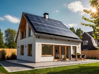 Obraz premium Close-up of a new suburban house with a photovoltaic system on the roof. Simple and modern environmentally friendly house with solar panels on the gable roof, with sunlight during the day
