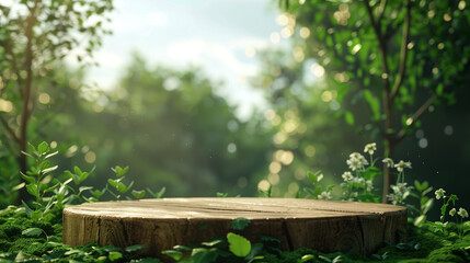 wooden podium in green landscape, product advertisement promotion with nature podium background 