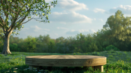 Obraz premium wooden podium in green landscape, product advertisement promotion with nature podium background 
