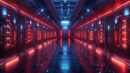 Modern high-tech data center with illuminated computers in blue and red hues. Cinematic dark tones highlight IT, cloud data, and data protection technologies.