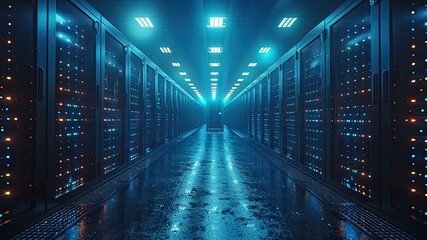 Obraz premium Modern high-tech data center with illuminated computers in blue and red hues. Cinematic dark tones highlight IT, cloud data, and data protection technologies.