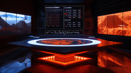 A high-tech command center with advanced screens displaying Mars terrain simulation and data analysis charts