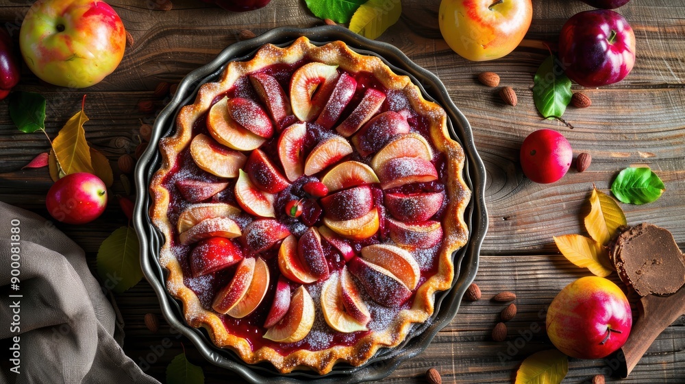 Sticker Plum pie baked with fresh garden fruits on wooden table in early autumn