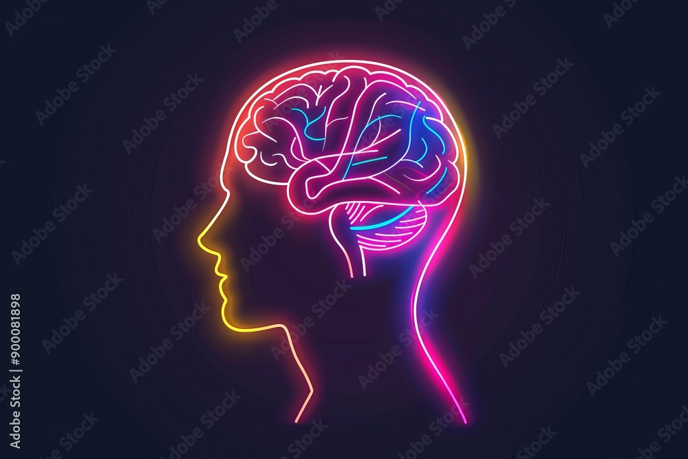 Poster neon outline of a human head with a brain inside showcasing the fusion of art and science in a high 