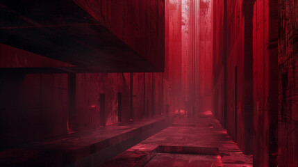 Fototapeta premium A surreal, dark red brutalist urban landscape with towering geometric structures and deep shadows