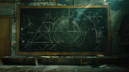 Old chalkboard filled with intricate scientific diagrams in a worn-out classroom with peeling paint and scattered papers