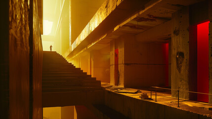 A lone figure stands at the top of a staircase in a dramatic, abstract brutalist architectural setting