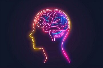 Neon outline of a human head with a brain inside showcasing the fusion of art and science in a high tech style