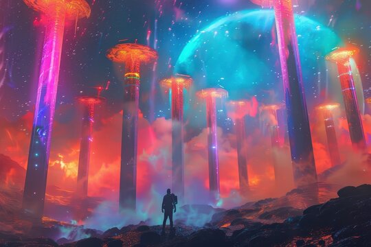 Mysterious alien planet with vibrant glowing towers under a blue moon