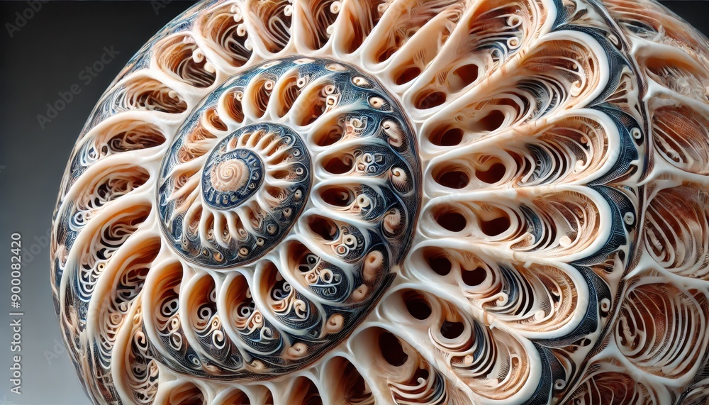 Poster intricate close-up of a nautilus shell with stunning spiral pattern and textured details.