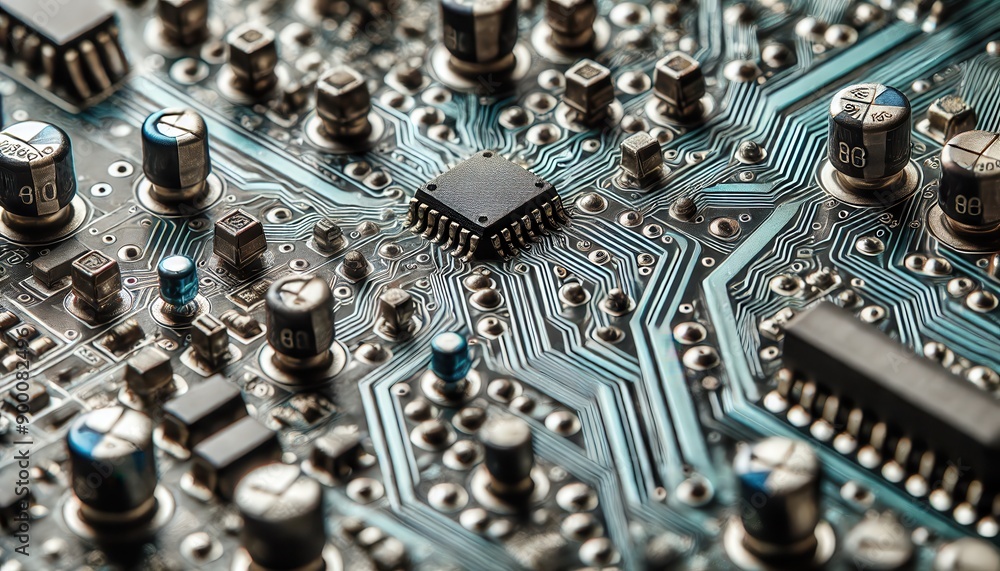 Poster close-up macro photography of a circuit board with electronic components.
