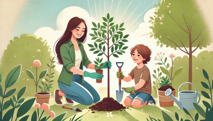Happy Family Planting a Tree Together in a Garden Illustration.