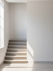 A white room with a staircase, empty room with wooden floor