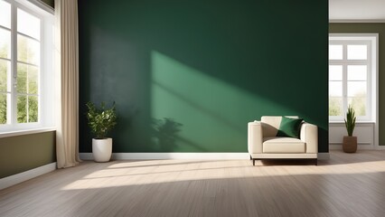 Shadow fall from the window onto the wall and floor of living room with green wall