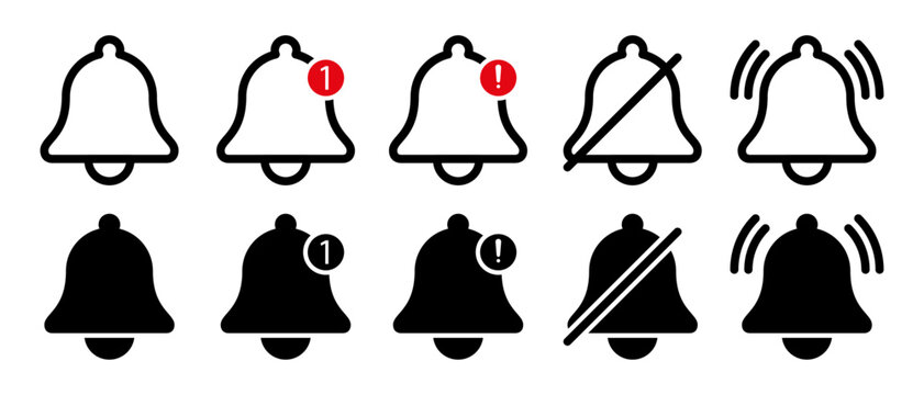 Campana de notificaci&oacute;n, &iacute;cono de alerta para mensajes entrantes en la bandeja de entrada, timbre que suena y signo de n&uacute;mero de notificaci&oacute;n para alerta y alarma.