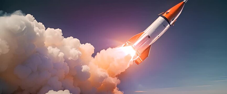A shiny silver rocket taking off, with bright orange flames, smoke billowing out, on the dark blue background
