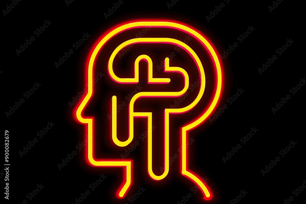 Poster neon outline of a head with a brain inside showcasing modern high tech design and mental processes