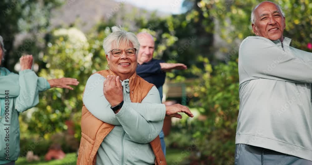 Wall mural Nature, class and senior people stretching arms for fitness exercise in group at outdoor park. Health, active and elderly friends in retirement with warm up workout for wellness in field in morning.