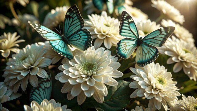A close-up of teal-colored flowers with white petals interspersed, with butterflies adding a touch of liveliness to the composition.