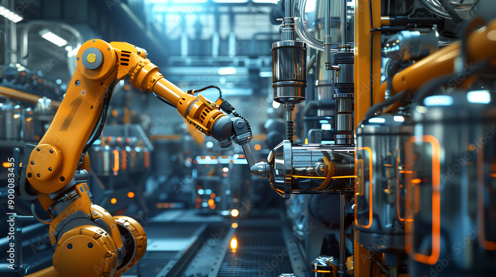 Poster 3d rendering, industrial machine robotic arm automation in factory background, technology concept, d