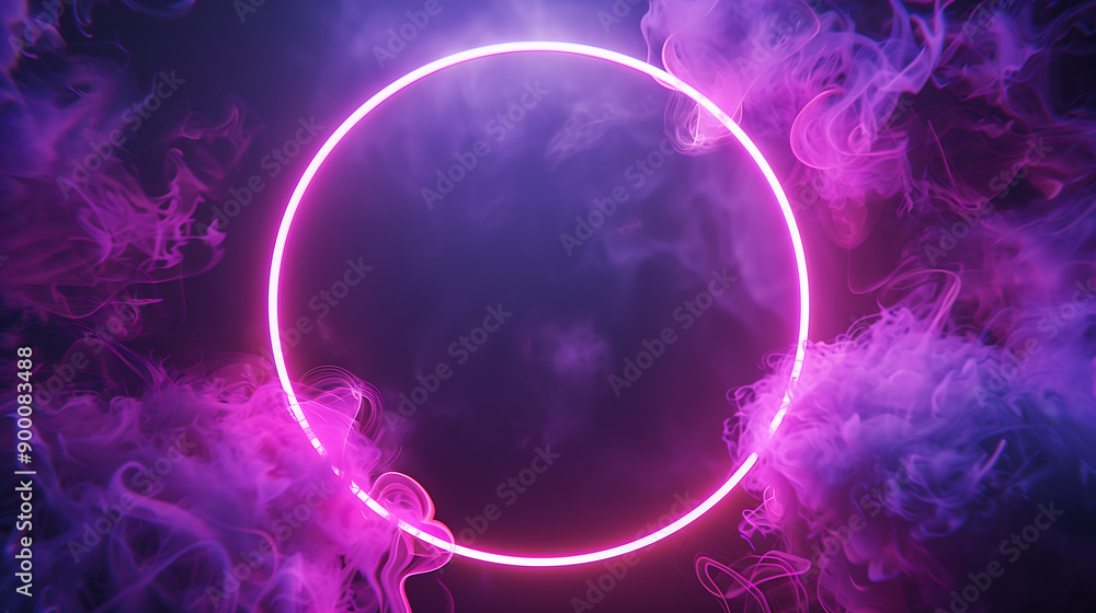 Aufkleber abstract neon glowing circle frame with fantasy smoke on dark background, display product design, 3d
