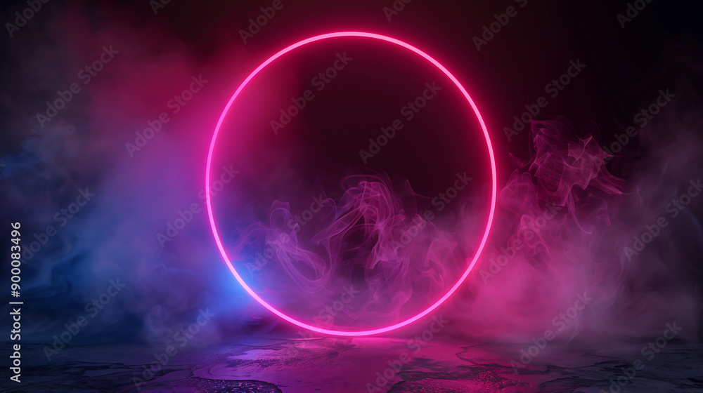 Aufkleber abstract neon glowing circle frame with fantasy smoke on dark background, display product design, 3d