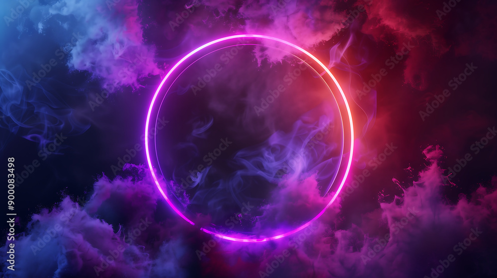 Aufkleber abstract neon glowing circle frame with fantasy smoke on dark background, display product design, 3d