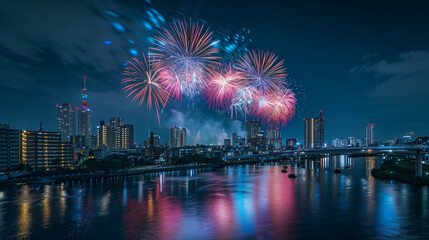 Omagari National Fireworks Competition, the night sky is full of colorful fireworks that light up the city, the background of the river with light reflections on the water, Ai Generated Images
