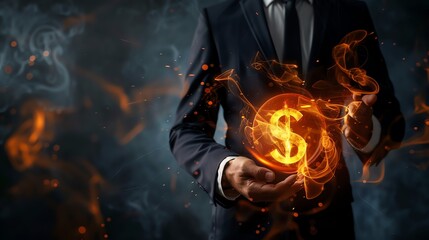 Businessman in a suit holding a fiery percentage symbol, front view, dark background, dramatic lighting, intense and powerful