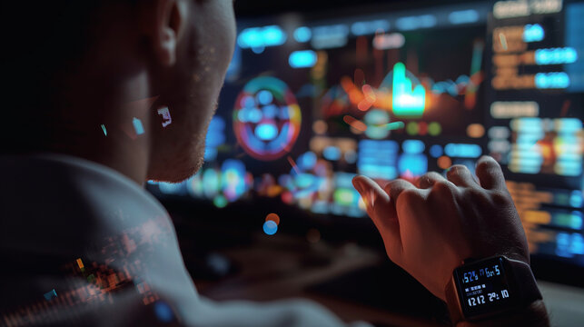 business looking at business data statistics hologram through smartwatch