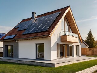 Close-up of a new suburban house with a photovoltaic system on the roof. Simple and modern environmentally friendly house with solar panels on the gable roof, with sunlight during the day