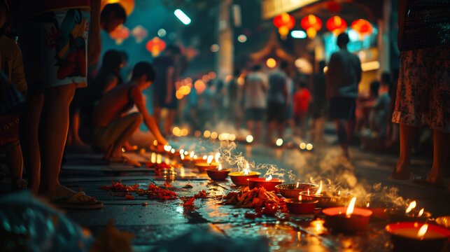 Hungry Ghost Festival, people lighting candles and incense on the streets at night, red lanterns lighting up the surrounding area in the background