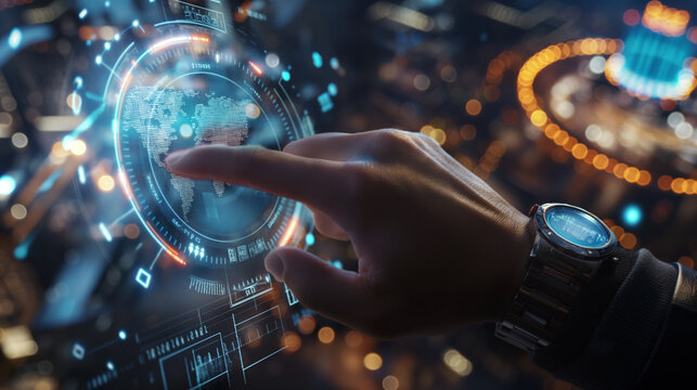 business looking at business data statistics hologram through smartwatch - Powered by Adobe