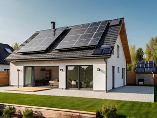 Close-up of a new suburban house with a photovoltaic system on the roof. Simple and modern environmentally friendly house with solar panels on the gable roof, with sunlight during the day