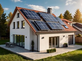 Naklejka premium Close-up of a new suburban house with a photovoltaic system on the roof. Simple and modern environmentally friendly house with solar panels on the gable roof, with sunlight during the day