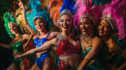 A group of cabaret dancers striking a pose with vibrant costumes and big smiles