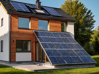 Fototapeta premium Close-up of a new suburban house with a photovoltaic system on the roof. Simple and modern environmentally friendly house with solar panels on the gable roof, with sunlight during the day