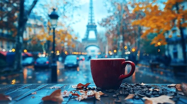 A cup of coffee on a table with coffee beans and autumn leaves, the Eiffel Tower in the blurred background seamless  looping animation time lapse 4k video background 