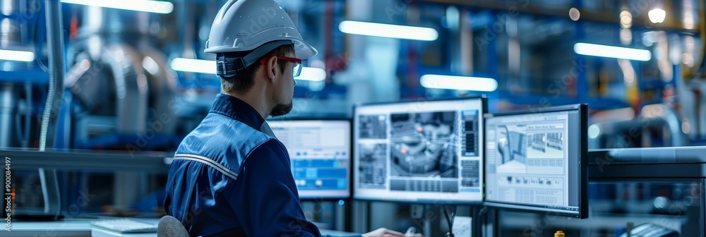 Poster Engineer monitoring multiple screens in a high-tech industrial control room. Perfect for industrial automation and system monitoring.