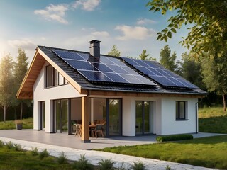 Close-up of a new suburban house with a photovoltaic system on the roof. Simple and modern environmentally friendly house with solar panels on the gable roof, with sunlight during the day