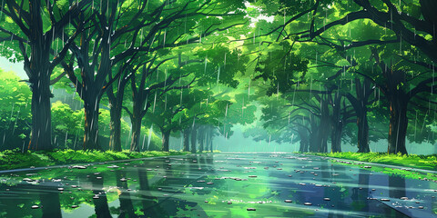 Obraz premium the road is lined with green trees, and it is raining heavily on the leaves of those lushly growing trees, generative AI
